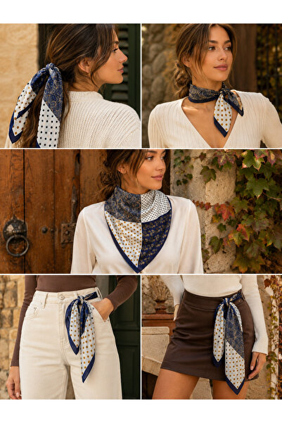 Luminos Butik Women's Navy Blue Patchwork Shawl Patterned Cotton 70X70 Scarf ...