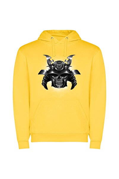 iLovePrints Ink Samurai Skull: Inspired Φούτερ με κουκούλα σε χρώμα Κίτρινο
