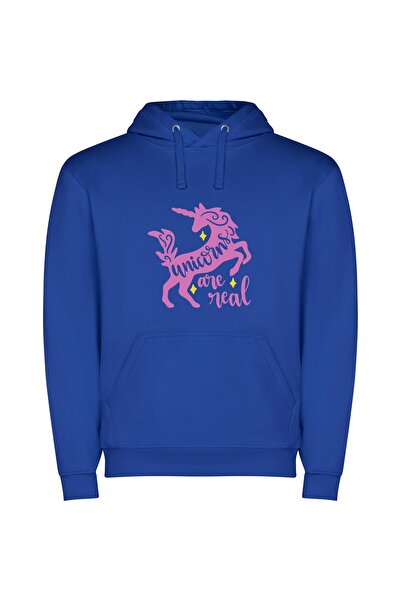 iLovePrints Real Unicorns, Magical Reality Φούτερ με κουκούλα σε χρώμα Μπλε