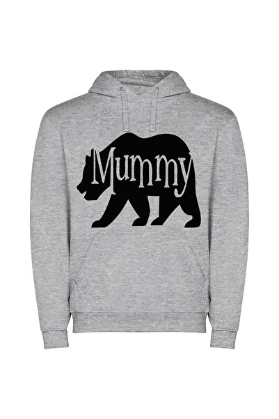iLovePrints Mummy Bear: Elegant Monochrome Φούτερ με κουκούλα σε χρώμα Γκρι