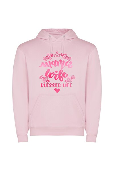 iLovePrints Wine & Blessed: Mama's Wife Φούτερ με κουκούλα σε χρώμα Ροζ