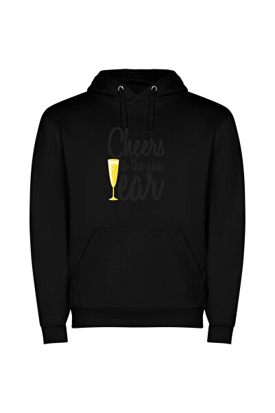 iLovePrints Sipping Elegance: New Year's Φούτερ με κουκούλα σε χρώμα Μαύρο