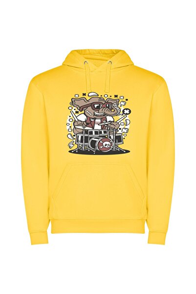 iLovePrints Rockin' Elephant Drummer Φούτερ με κουκούλα σε χρώμα Κίτρινο