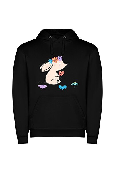 iLovePrints Whimsical Floral Pup Φούτερ με κουκούλα σε χρώμα Μαύρο