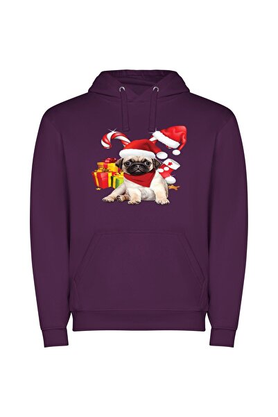 iLovePrints Festive Pug Fashion Φούτερ με κουκούλα σε χρώμα Μωβ