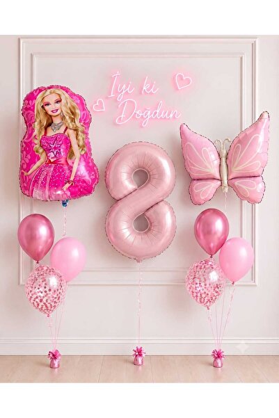 ALYA PARTİ Barbie & pembe kelebek ve 8 yaş rakam folyo balonlu doğum günü seti