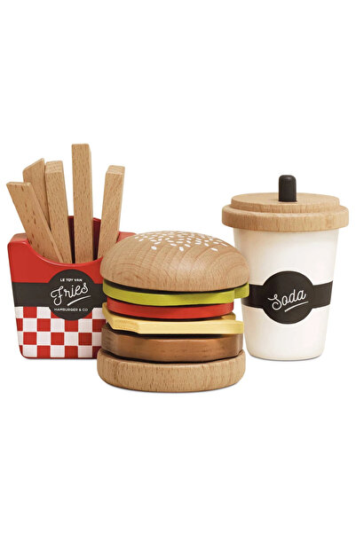 Le Toy Van Set din lemn 3-în-1 cu hamburger, cartofi prăjiți și băutură pentr...