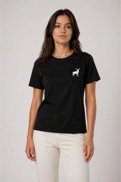 Modazun Minimal Moose Logo T-Shirt Crew Neck Short Sleeve Summer T-Shirt - Black