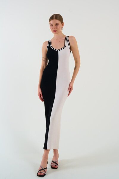 Gökyüzü Moda Two-tone sleeveless dress - black-cream