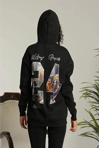 MODA ŞEHRİ Printed Oversized Three Thread K Hooded Sweatshirt - Black