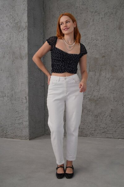 pazarella Polka Dot Waist Fitted Tulle Black Blouse