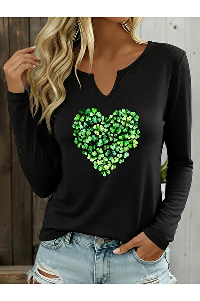 mercoledi Heart Printed Cotton Half V-Neck Long Sleeve Blouse