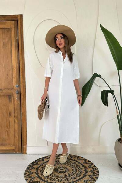 Moda Days قميص نسائي من الكتان الأبيض بياقة وأزرار وأكمام قصيرة وفستان ميدي م...