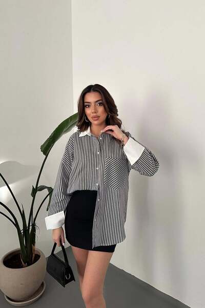 Moda Days قميص نسائي أسود مخطط من قماش البوبلين بأكمام طويلة وياقة بيضاء كبير...