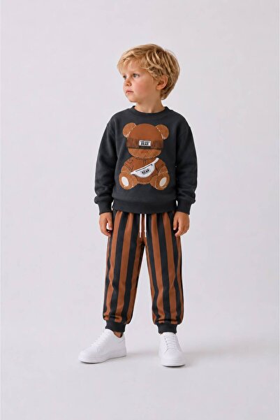 YİGİT BUTİK Boy's Teddy Bear Printed Striped Tracksuit Set 2-Piece Cotton Sea...