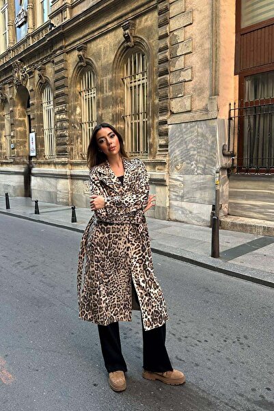 Moda Days Women's Leopard Patterned Cloak Detailed Belted Buttoned Long Coat