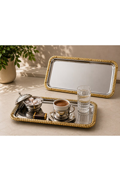 SUNVERA ÇELİK Hasır Desenli 2'li Gold Çerçeveli Gümüş Paslanmaz Çelik Sunum T...