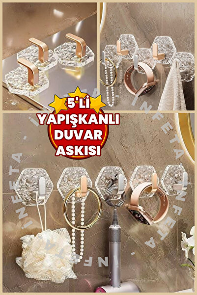 İnfeta 5’li Duvar Askısı Banyo Mutfak İçin Havlu Askılık - Kendinden Yapışkan...