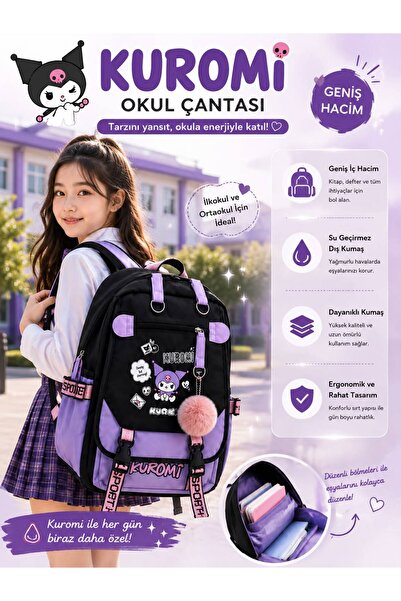 SHAMİRA A kalite 3 bölmeli su geçirmez dayanıklı geniş hacimli kuromi okul ça...