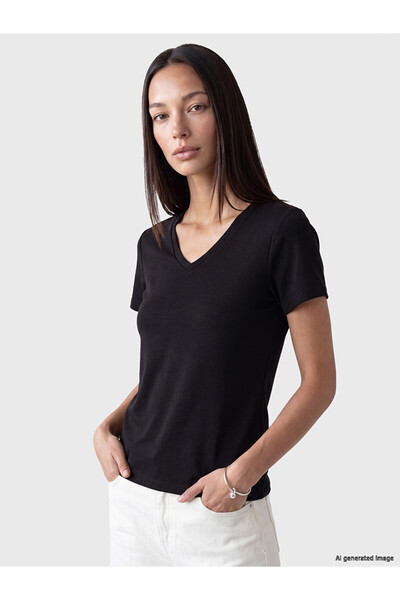LC Waikiki Black v-neck soft touch women's t-shirt