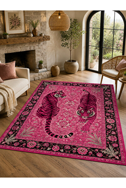 Evmila Modern Pembe Kaplan Desenli Kadife Kumaş Dot Taban Kaymaz Dijital Bask...