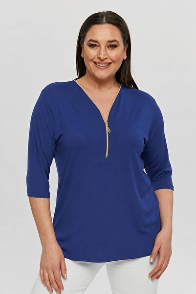 tarzımsüper Women's Plus Size V-Neck Zippered Viscose Blouse Capri Sleeve