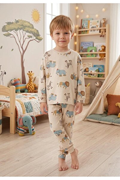 Novella18 Erkek Çocuk Animal Desen Pamuklu Uzun Kol Pijama Takım