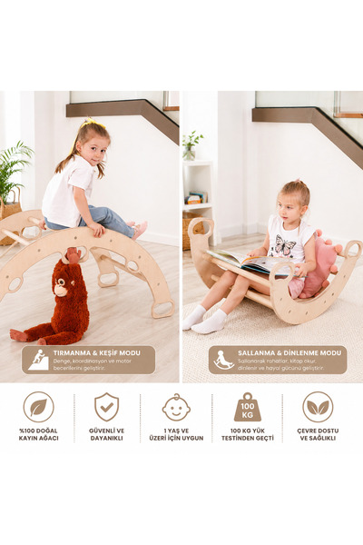 MONTETOYS Montessori Pikler Tırmanma Arkı Ahşap Sallanan Oyuncak | Çocuk Akti...