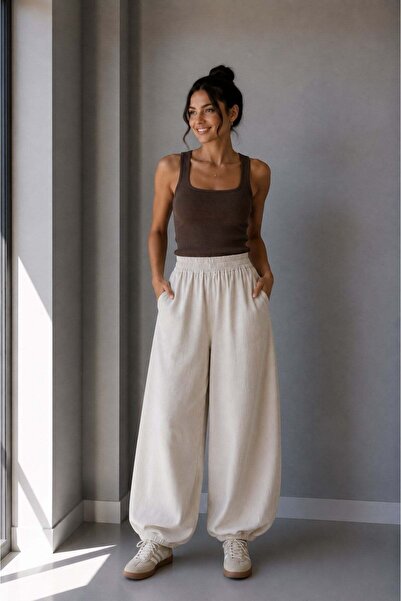 Vadon 1035 Kadın %100 Pamuk Gabardin Balon Paça Lastikli Bel Pantolon Taş