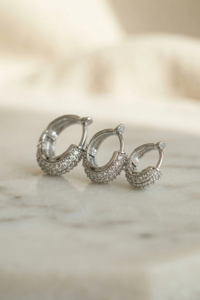 ARMÜZ Silver Color 3-Piece Zircon Stone Hoop Earring Set