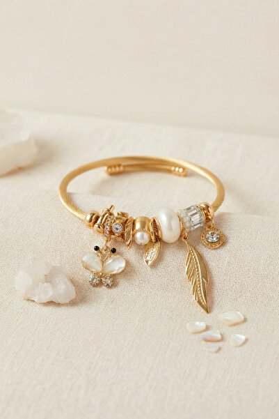 ARMÜZ Butterfly Model Gold Color White Charm Bracelet