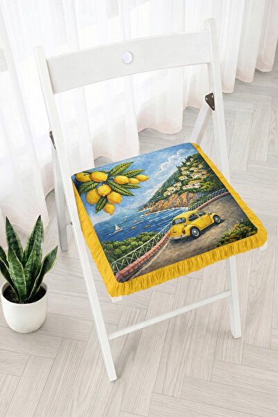 Realhomes Lemon and Yellow Classic Car Patterned Fringed Zippered Chair Cushi...
