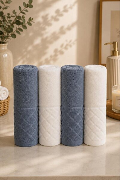 Çeyiz Diyarı Asya 100% Cotton Bath Set 4 Pieces Indigo - Cream
