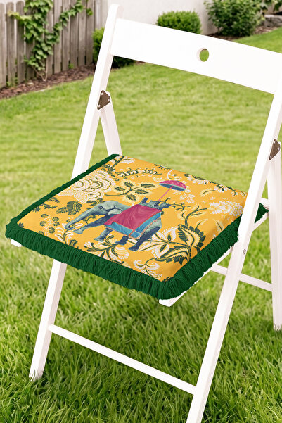 Realhomes Tropical Elephant and Leaf Pattern Fringed Zippered Chair Cushion -...