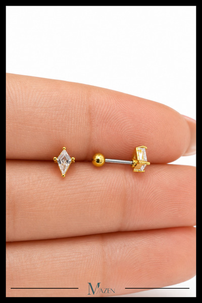 MAZEN Baklava Kesim Taş Tragus Piercing Çelik Gold Renk Minimal Zirkon Taşlı