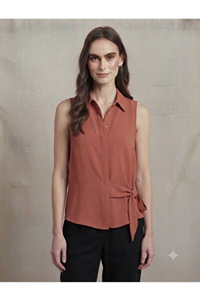 SALTİX Women's Side Tie Sleeveless Shirt Collar Blouse