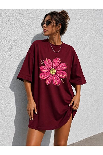classy moda Women's Cosmos Flower Printed Oversize Extra Long Tunic T-Shirt