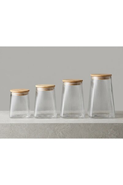 Hellomani 4-Piece Borosilicate Glass Wooden Lid Striped Glass Jar Kitchen Set 350-550-750-950 Dr