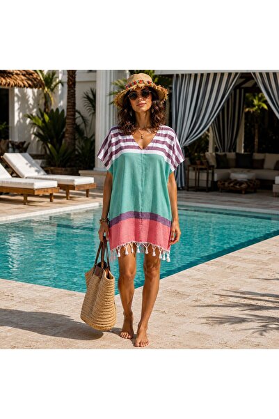 BIJUTERI Par-13058 Mint Pink Striped Peshtemal Beach Dress & Pareo |   Eos Co...