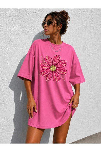 classy moda Tricou tunică supradimensionat, extra lung, cu imprimeu Cosmos Fl...