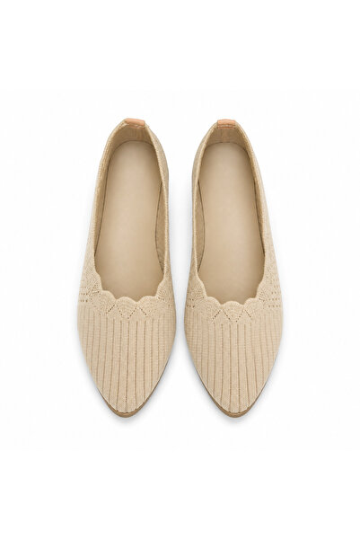 Generic Brand Women's Knitted Pointed-Toe Scalloped Trim Ballerina Flats (Beige)