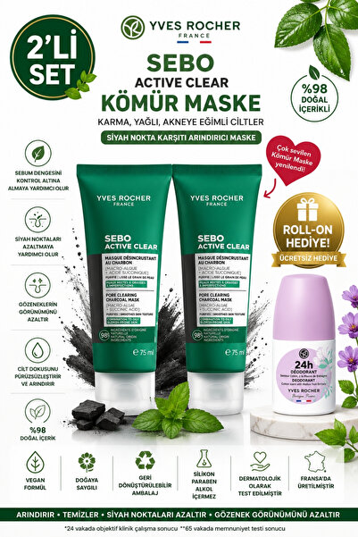 Yves Rocher Pürüzsüz Etki: 2'li Sebo Active Kömür Maske 75 ml + Hediye Roll-On