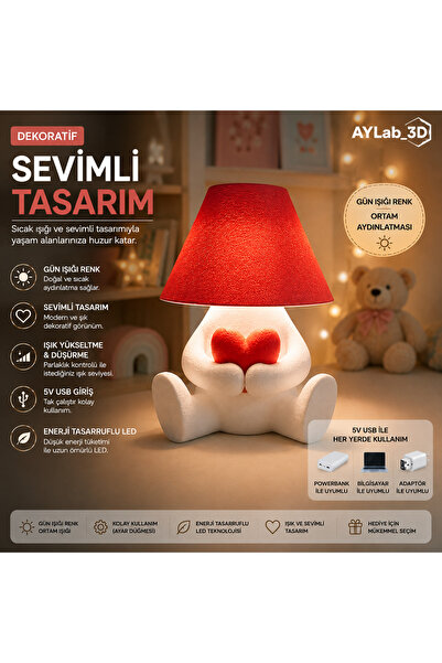 AYLAB3D Sevimli Dekoratif Gece Lambası Kalpli LED Masa Lambası 5V USB Çocuk O...