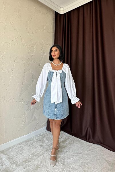 Clothes Fast Women's Blue Denim Mini Dress Square Neck Bow Balloon Sleeve But...