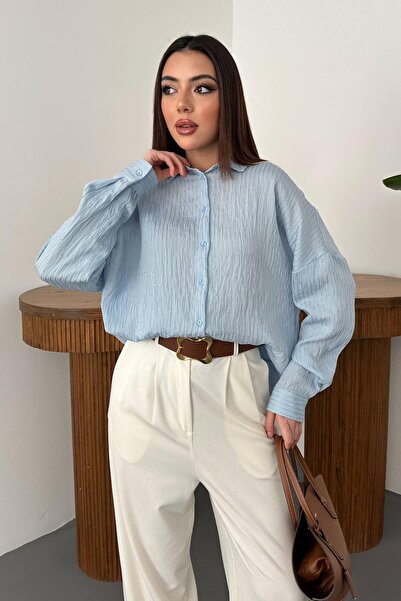 Clothes Fast Women's Baby Blue Shirt with Collar Texture, Oversize Long Sleev...