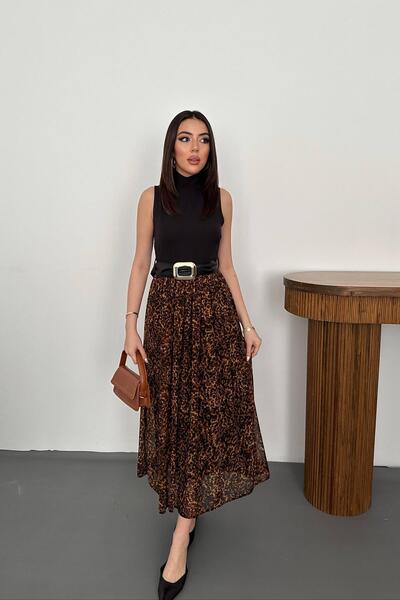 Clothes Fast فستان نسائي طويل بدون أكمام بنصف ياقة مدورة وحزام أسود بنقشة الفهد