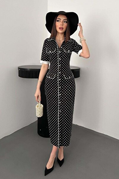 Moda Days Women's Black Polka Dot Shirt Collar Buttoned Pocket Detailed Midi ...
