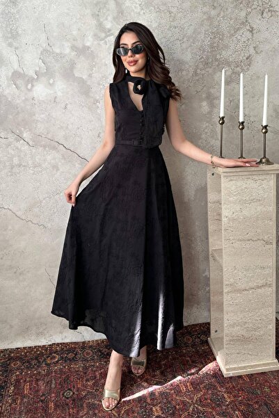 Moda Days فستان نسائي أسود مطرز بحزام وياقة مربوطة وأزرار، بطول متوسط وقصة عل...