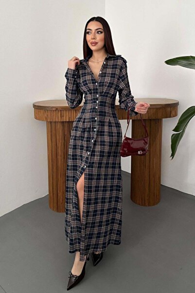 Moda Days فستان ماكسي نسائي منقوش باللون الأزرق الداكن مع ياقة وأزرار وأكمام ...