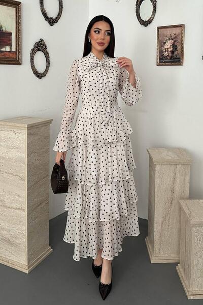 Moda Days Women's Ecru Polka Dot Bow Collar Layered Flounce Long Sleeve Maxi ...